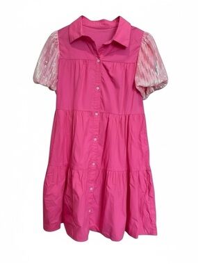 Hot Pink Button-Front Boutique Tiered Dress with Sheer Puff Sleeves